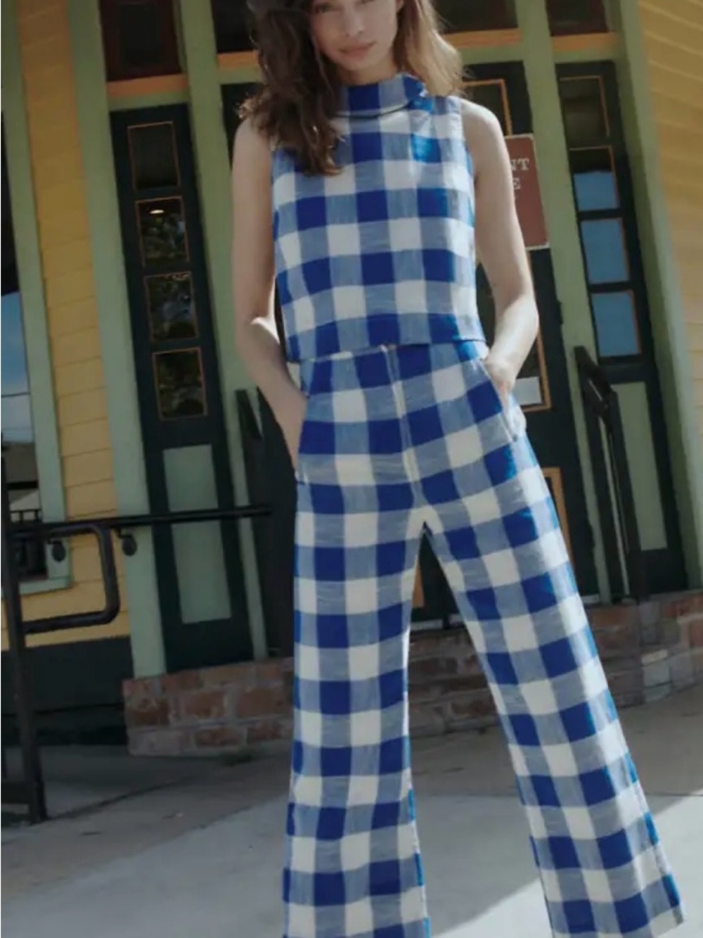 Veronica Beard Blue and White Gingham Sleeveless Jumpsuit